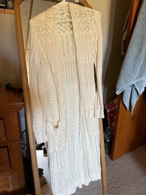Abercrombie & Fitch Ivory Open-Front Crochet Long Cardigan